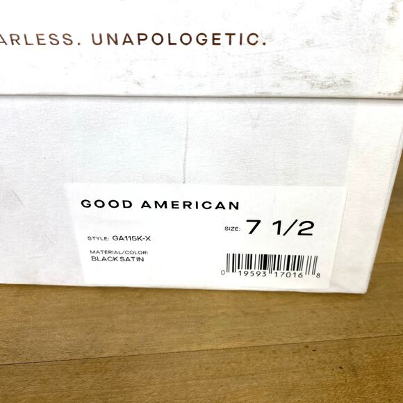 Good American Satin Rhinestone Heels Womens 7.5 Black Gold Square Toe Holidays - Picture 10 of 12